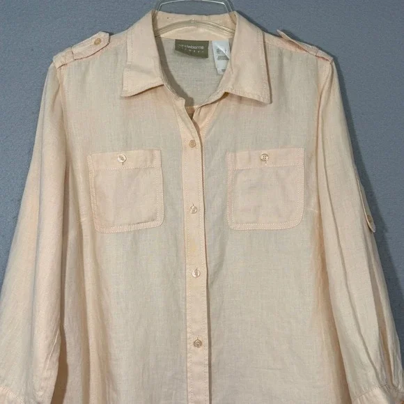 Liz Claiborne Women's Button Up Shirt Size L Linen 3/4 Roll Tab Sleeve Classic‎ - Picture 3 of 7